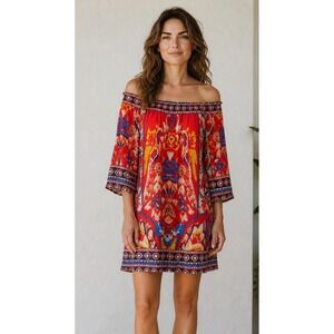 Freemarket Flying Tomato Dress Off Shoulder Boho Large Red Paisley